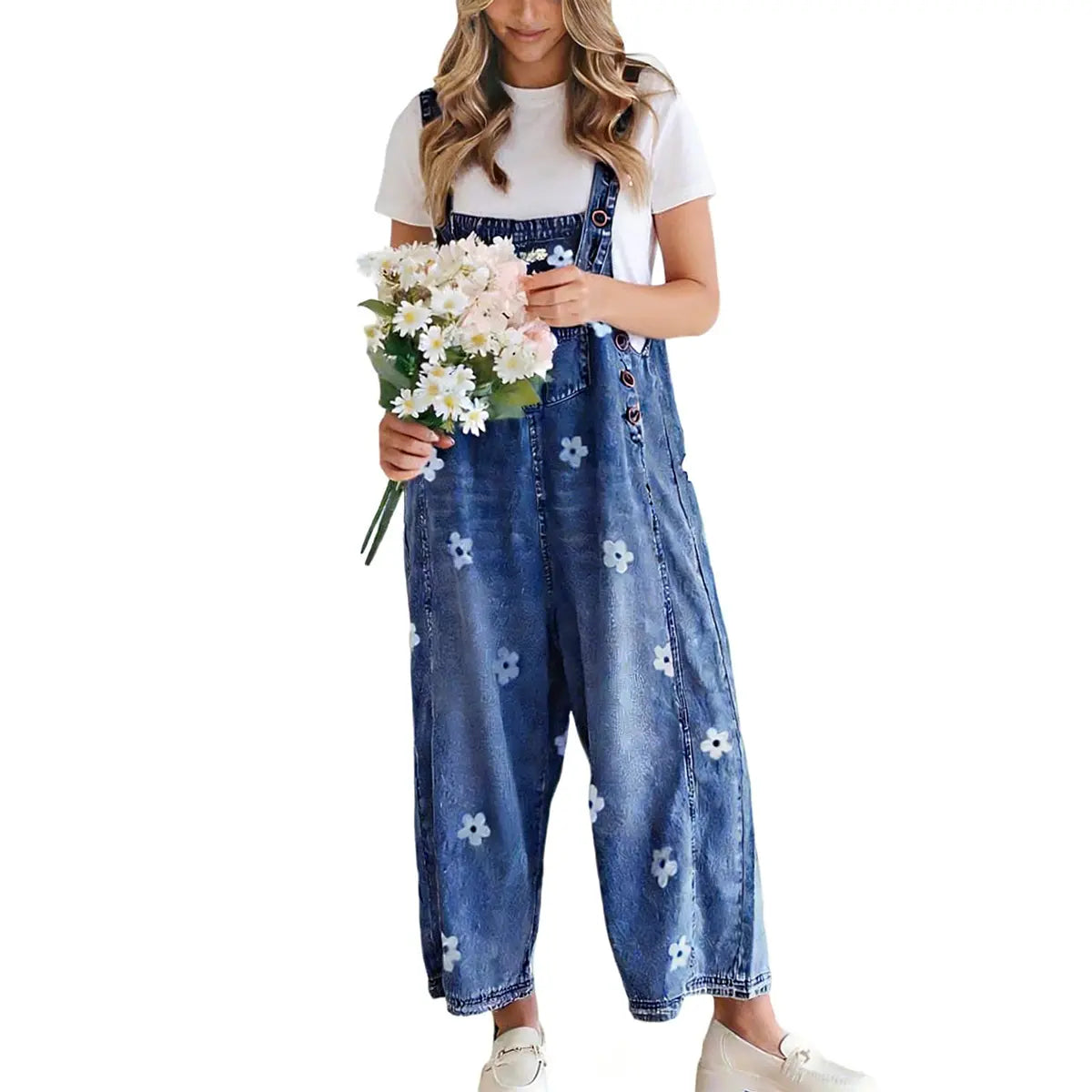 Utcoco Women'S Bib Overalls, Cute Floral Print Denim Jumpsuit with Baggy Wide Leg and Adjustable Straps, Fashion Apparel Chic Pants