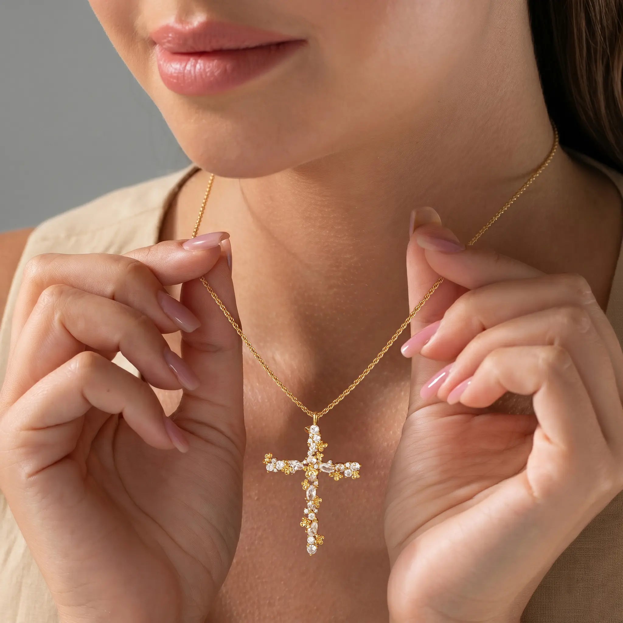Tewiky 14K Gold Plated Beaded & Twisted Chain Pearl Cubic Zirconia Cross Necklace with Floral Carved Petal Cross Design, Fashion Jewelry for Women, Daily Casual Elegant Necklace for All Occasions Summerwins