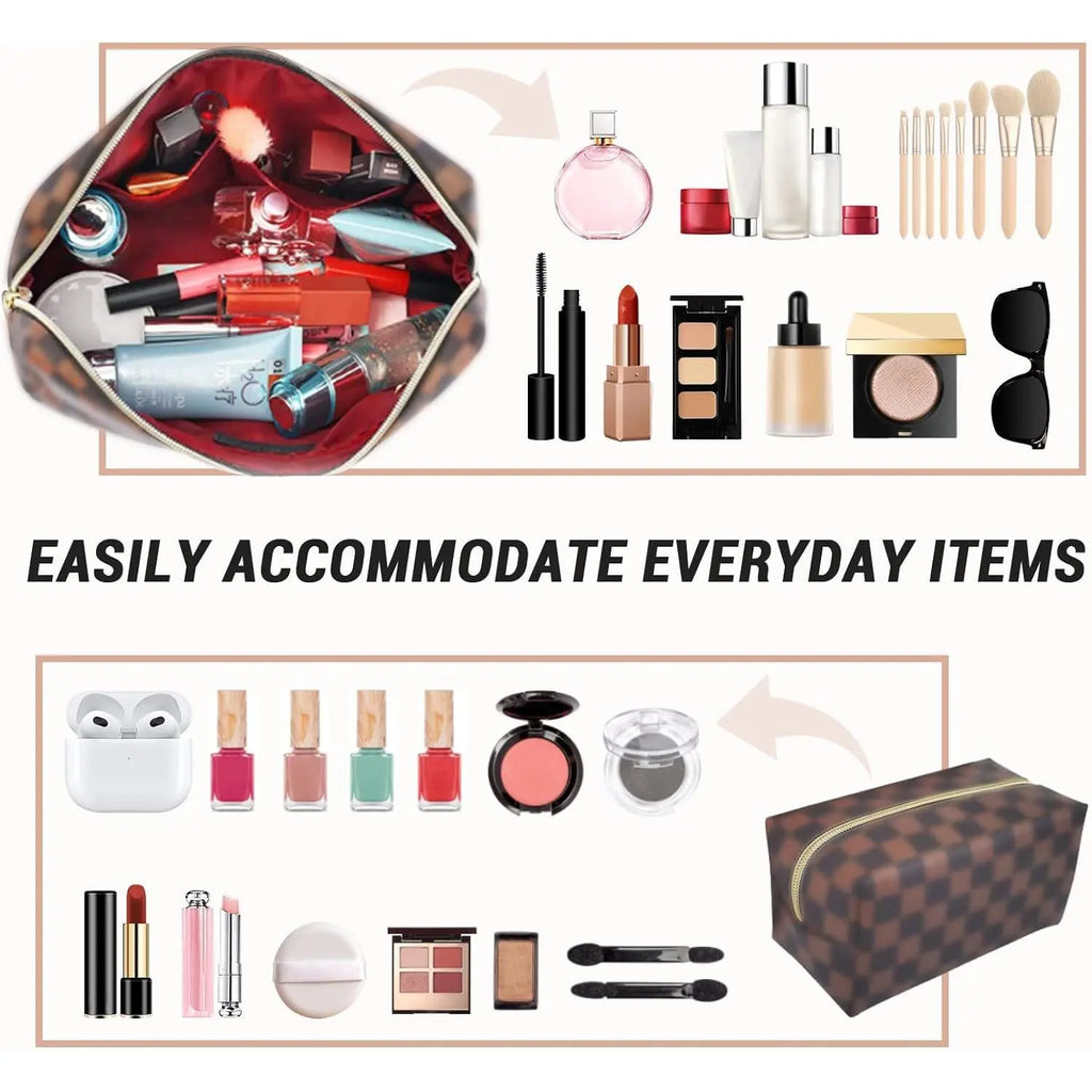 Women’S 2-Piece Classic Checkered Pattern Leather Makeup Bag Set - Portable Makeup Pouch (Small Pouch Style May Vary), Lipstick Organizer, Bathroom Countertop Storage, Ideal Gift Choice for Travel Toiletry & Home Use