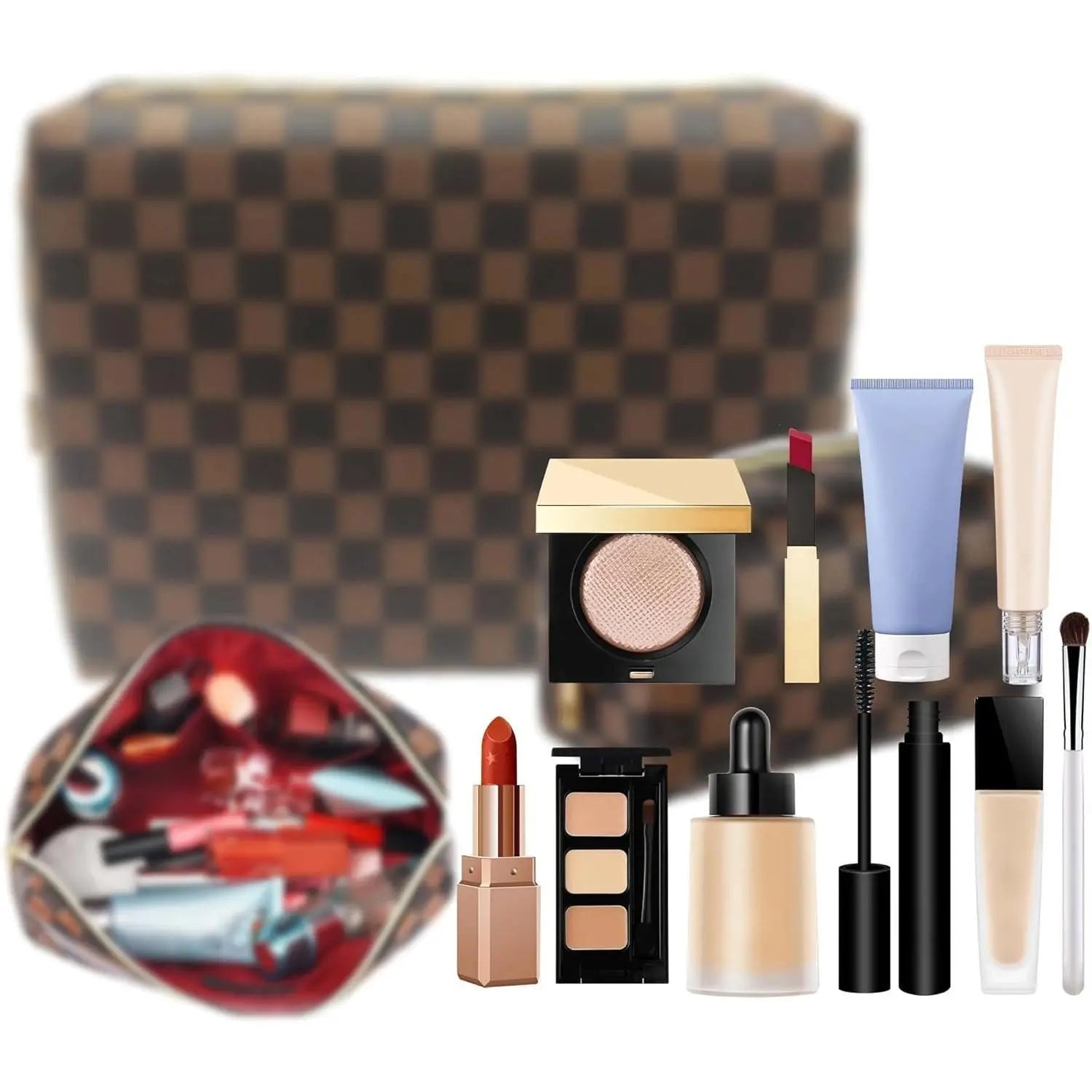 Women’S 2-Piece Classic Checkered Pattern Leather Makeup Bag Set - Portable Makeup Pouch (Small Pouch Style May Vary), Lipstick Organizer, Bathroom Countertop Storage, Ideal Gift Choice for Travel Toiletry & Home Use