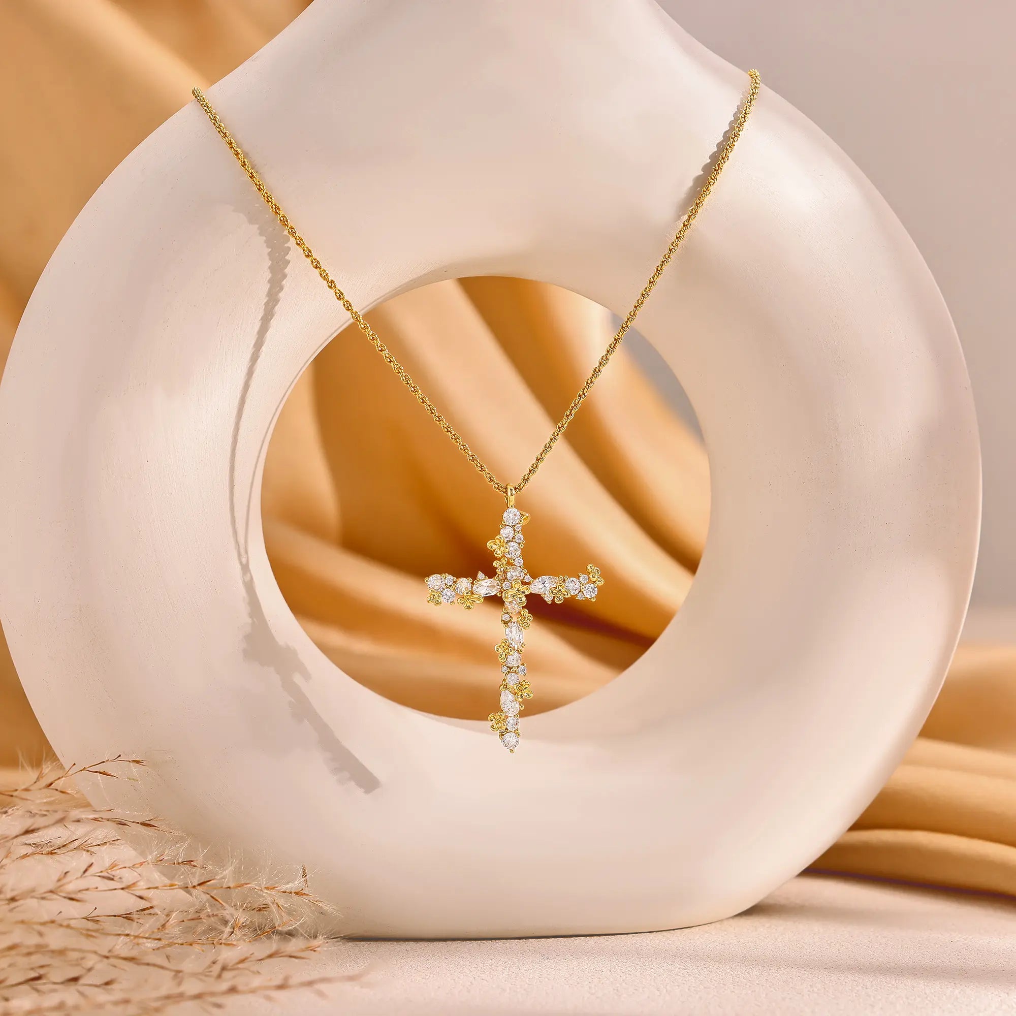 Tewiky 14K Gold Plated Beaded & Twisted Chain Pearl Cubic Zirconia Cross Necklace with Floral Carved Petal Cross Design, Fashion Jewelry for Women, Daily Casual Elegant Necklace for All Occasions Summerwins