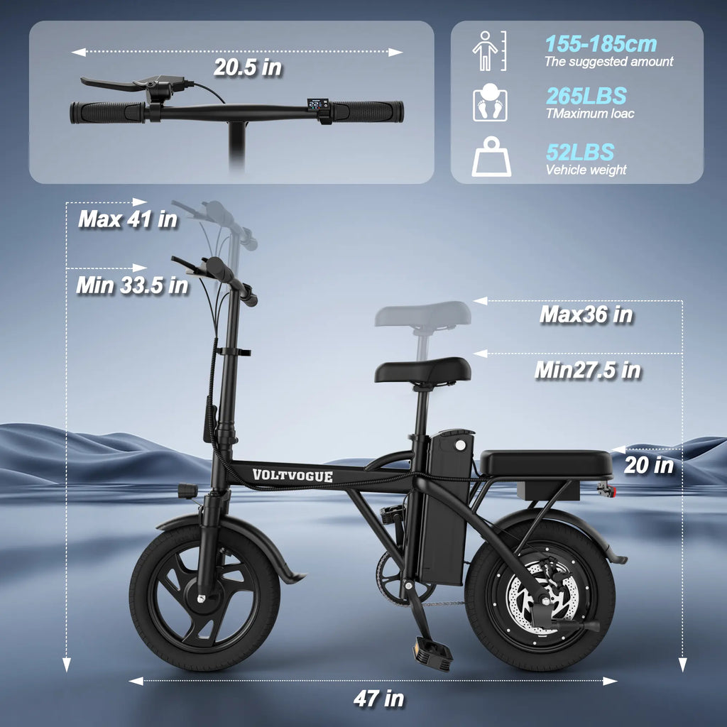 【VOLTVOGUE】 Electric Bike | 750W Peak Power | Top Speed 22 MPH | 14" Pneumatic Tires | 22–40 Mile Range | Dual Seat | Single Brake Lever | Height Adjustable Seat【Vt14】