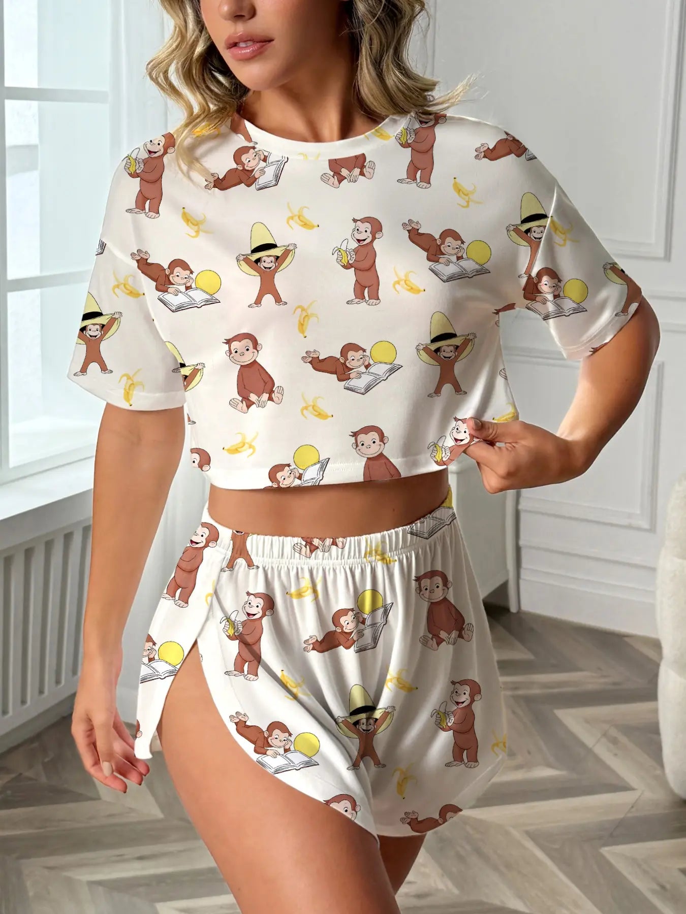 Women'S 2-Piece Sleepwear Set, Pajama Set, Pjs, Print, Bowknot Drink Pattern, Comfortable Loose Fit Top and Elastic Shorts, All-Season Casual Loungewear Homewear