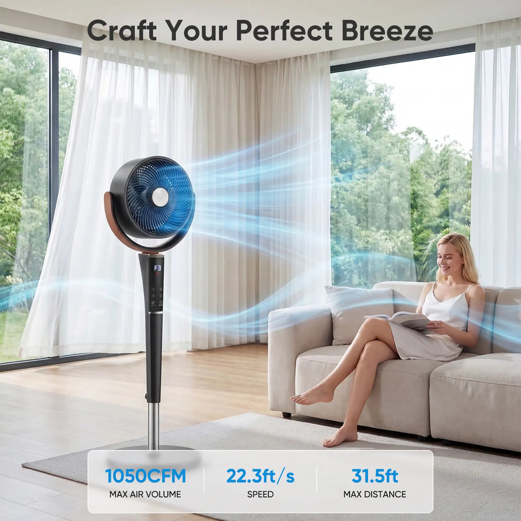 Bedroom Pedestal Fan, Quiet 20Db DC Air Circulator, 15 Speeds 5 Modes, 120° Oscillation, 12H Timer, 1050CFM Airflow, 37-45" Adjustable Height, LED Light, Standing Fan with Remote