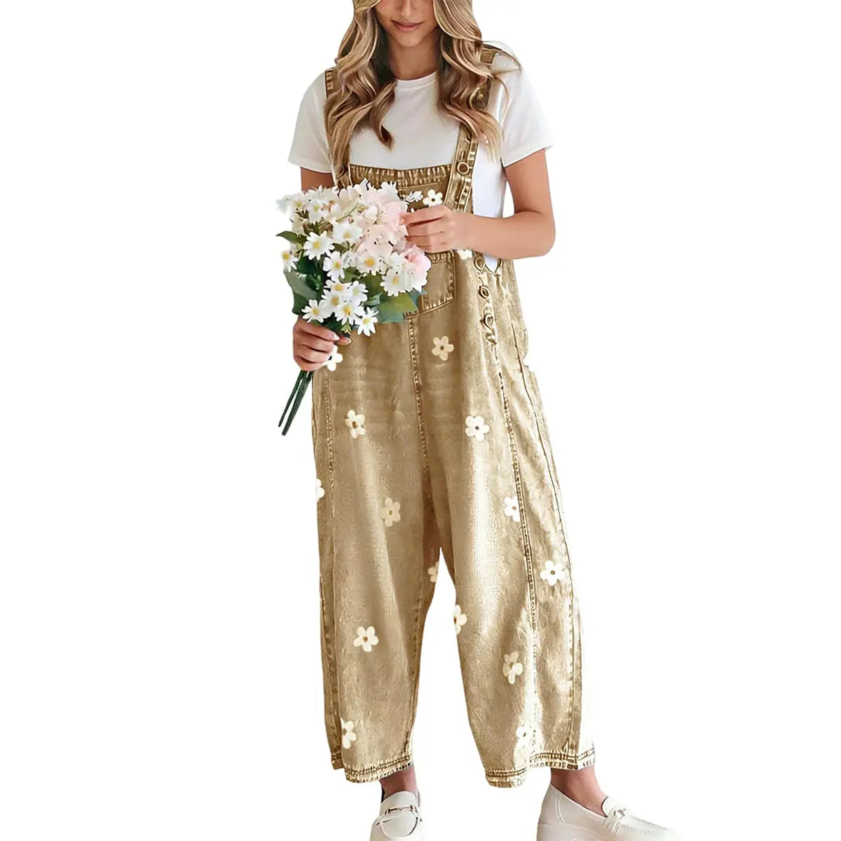 Utcoco Women'S Bib Overalls, Cute Floral Print Denim Jumpsuit with Baggy Wide Leg and Adjustable Straps, Fashion Apparel Chic Pants