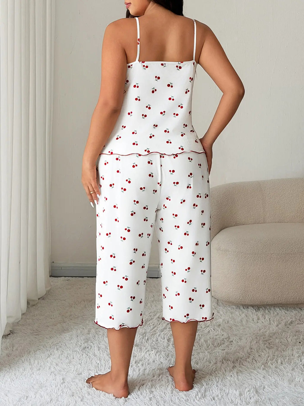 Women'S Cherry Print Sleeveless Pyjama Set Top, Effortless Loungewear Comfortable High Stretch Sleepwear Loungewear, Casual Fitted Two-Piece Pajamas for All Seasons Pjs Womenswear