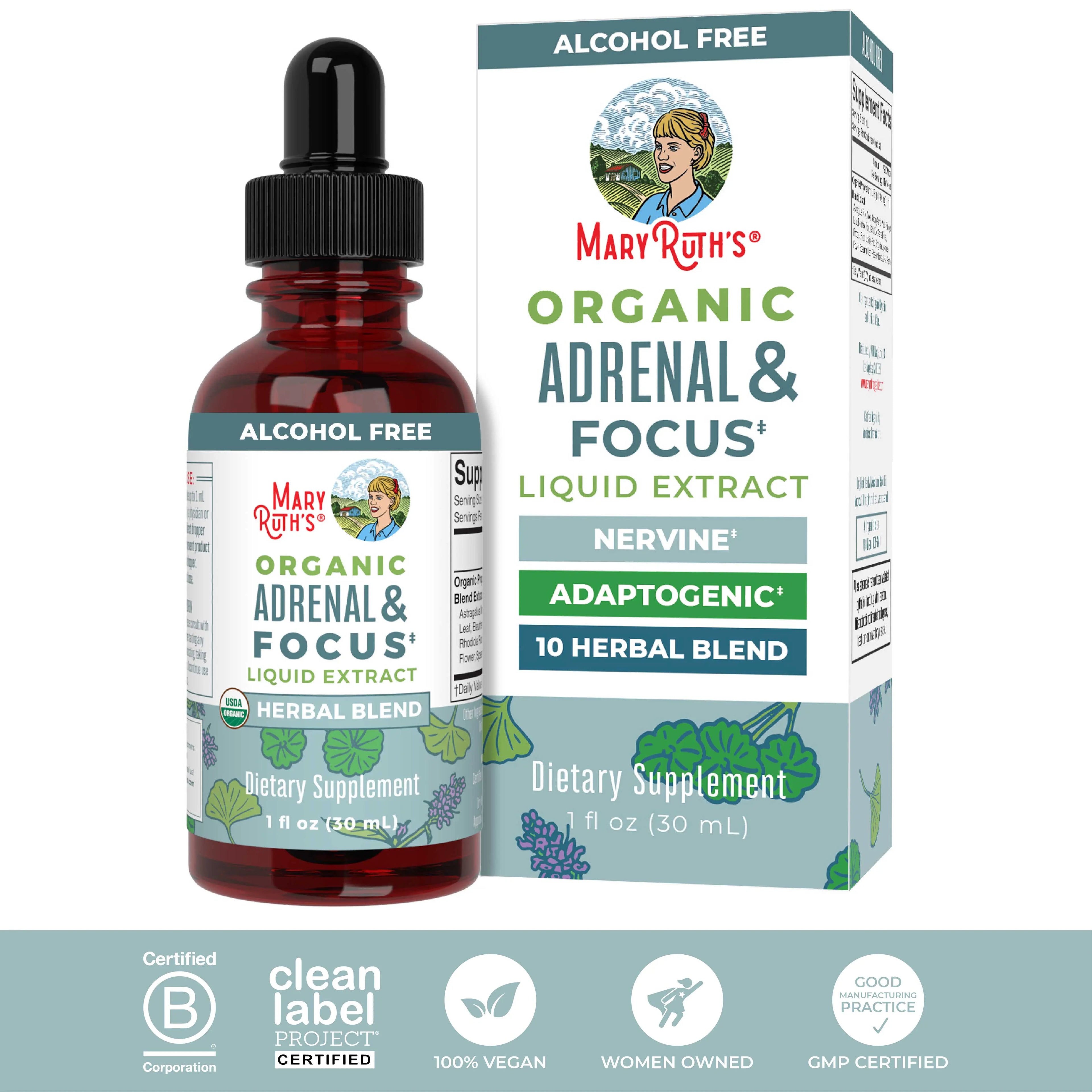 Maryruth'S Adrenal & Focus Herbal Blend for Adults - Adaptogenic - with Ginkgo Biloba & Astragalus - USDA Organic - Vegan - Non-Gmo - 30 Servings