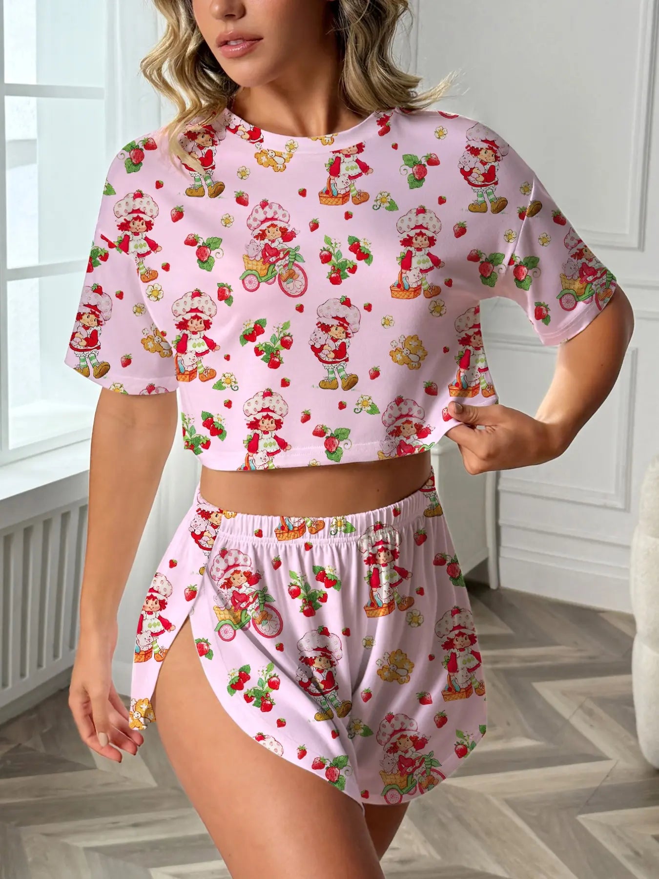 Women'S 2-Piece Sleepwear Set, Pajama Set, Pjs, Print, Bowknot Drink Pattern, Comfortable Loose Fit Top and Elastic Shorts, All-Season Casual Loungewear Homewear