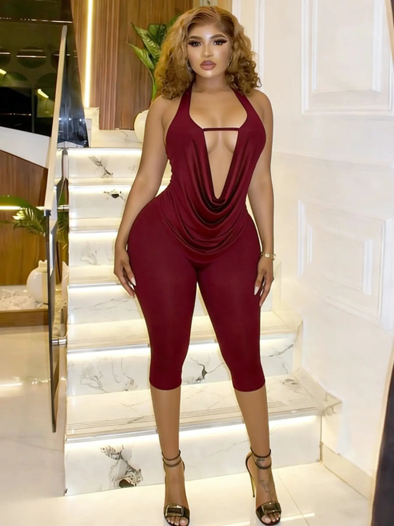 Women'S Fashion Sexy Unique Two-Piece Set, Trendy Backless Halter Top & Slim Fit Pants, Comfortable Casual Wear, Outfit