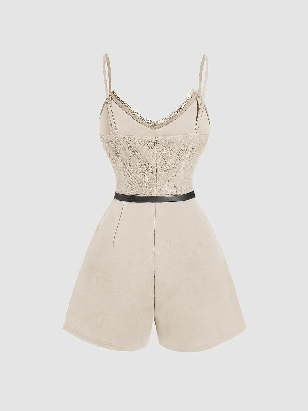 Women'S Spring Summer Elegant Lace-Spliced Cami Playsuit with Belt, V-Neck Sleeveless Fitted Jumpsuit for Casual Outings