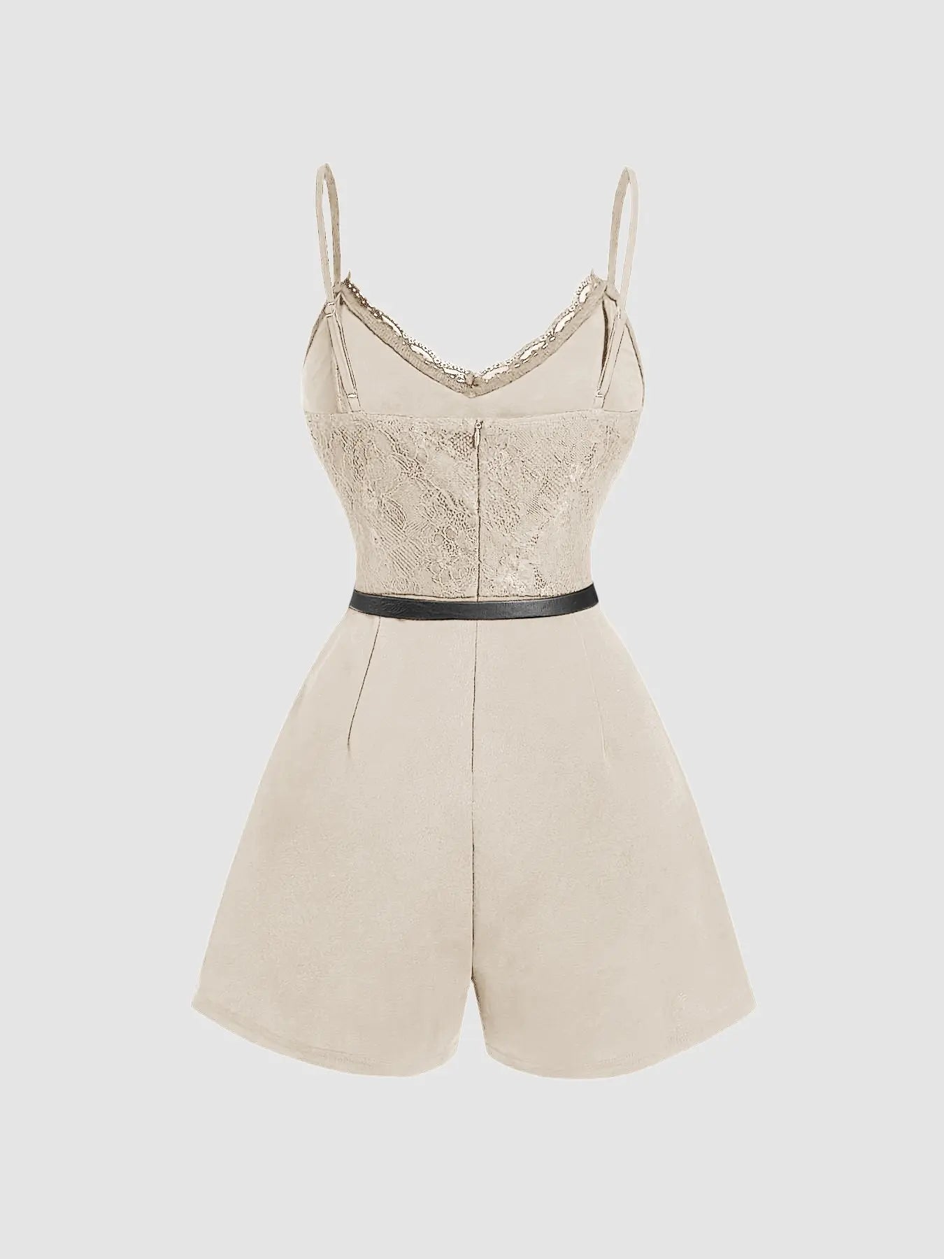 Women'S Spring Summer Elegant Lace-Spliced Cami Playsuit with Belt, V-Neck Sleeveless Fitted Jumpsuit for Casual Outings
