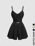 Women'S Spring Summer Elegant Lace-Spliced Cami Playsuit with Belt, V-Neck Sleeveless Fitted Jumpsuit for Casual Outings