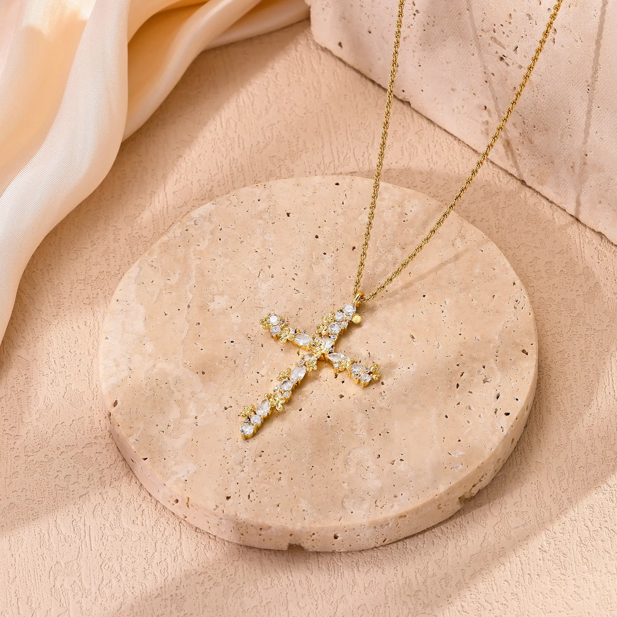 Tewiky 14K Gold Plated Beaded & Twisted Chain Pearl Cubic Zirconia Cross Necklace with Floral Carved Petal Cross Design, Fashion Jewelry for Women, Daily Casual Elegant Necklace for All Occasions Summerwins