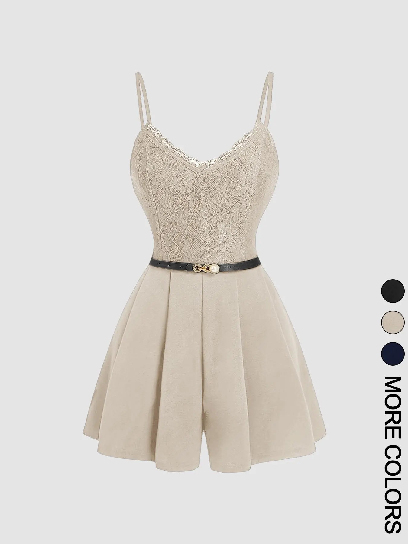 Women'S Spring Summer Elegant Lace-Spliced Cami Playsuit with Belt, V-Neck Sleeveless Fitted Jumpsuit for Casual Outings