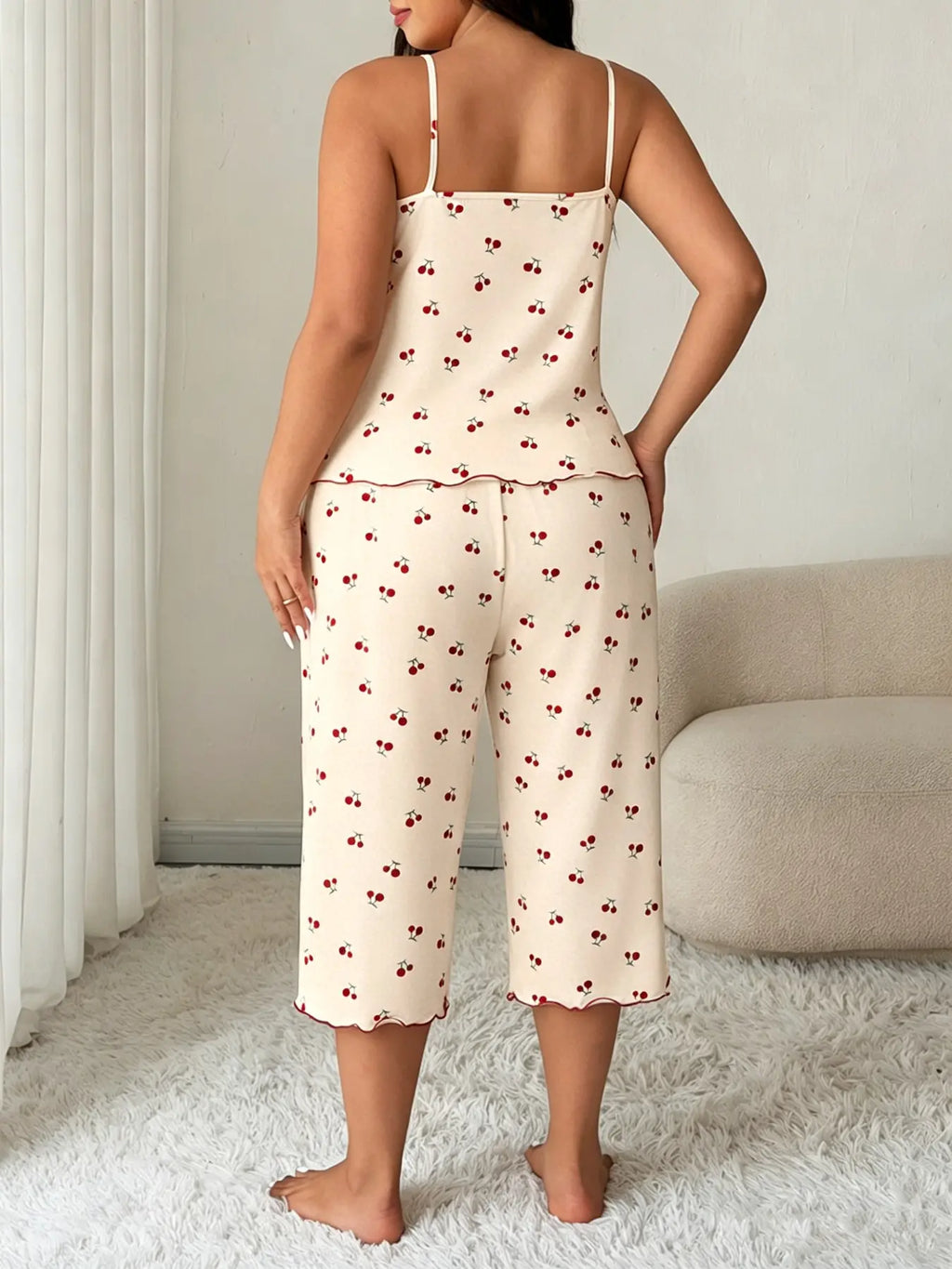 Women'S Cherry Print Sleeveless Pyjama Set Top, Effortless Loungewear Comfortable High Stretch Sleepwear Loungewear, Casual Fitted Two-Piece Pajamas for All Seasons Pjs Womenswear