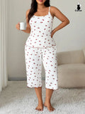 Women'S Cherry Print Sleeveless Pyjama Set Top, Effortless Loungewear Comfortable High Stretch Sleepwear Loungewear, Casual Fitted Two-Piece Pajamas for All Seasons Pjs Womenswear