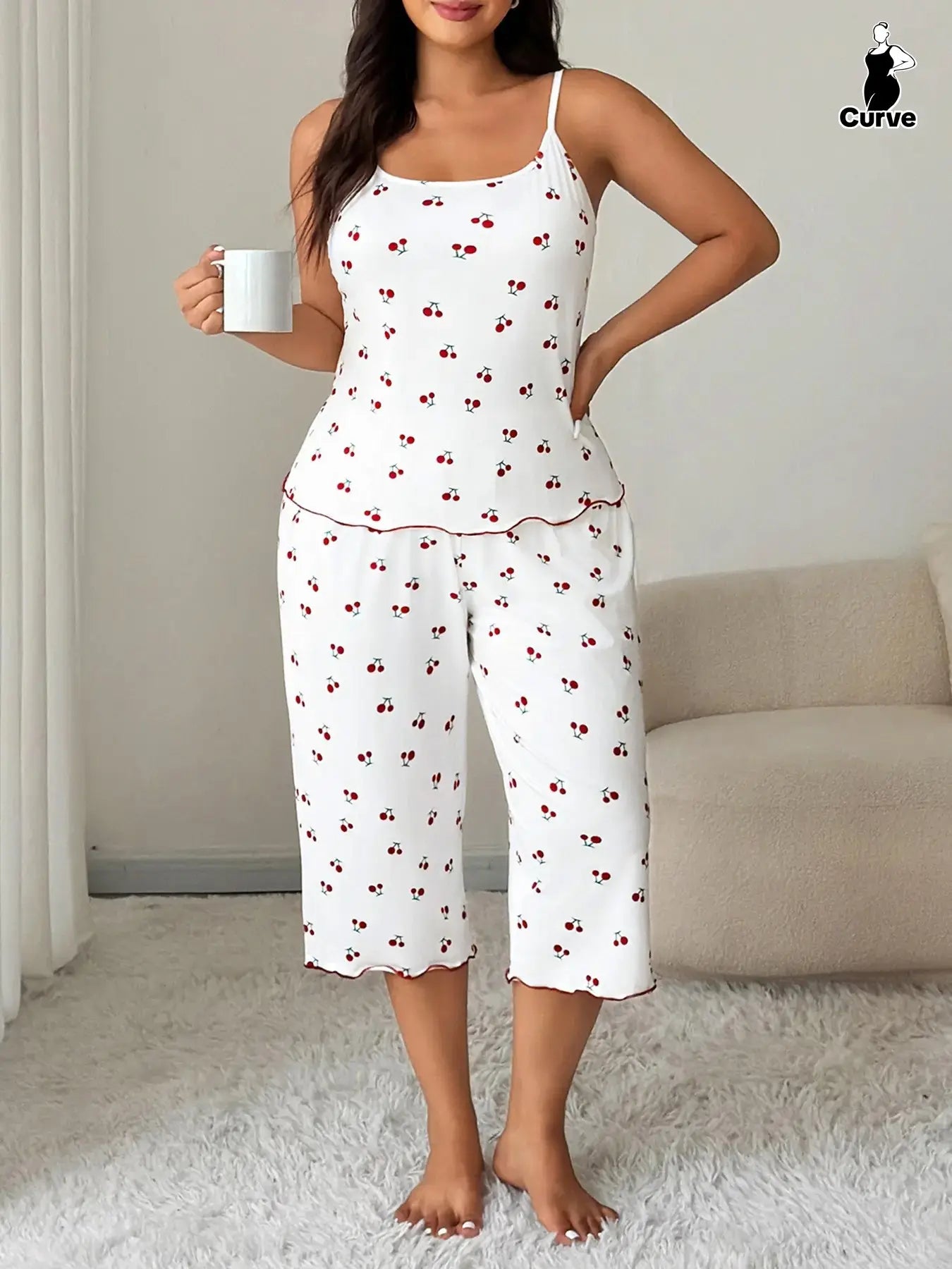 Women'S Cherry Print Sleeveless Pyjama Set Top, Effortless Loungewear Comfortable High Stretch Sleepwear Loungewear, Casual Fitted Two-Piece Pajamas for All Seasons Pjs Womenswear