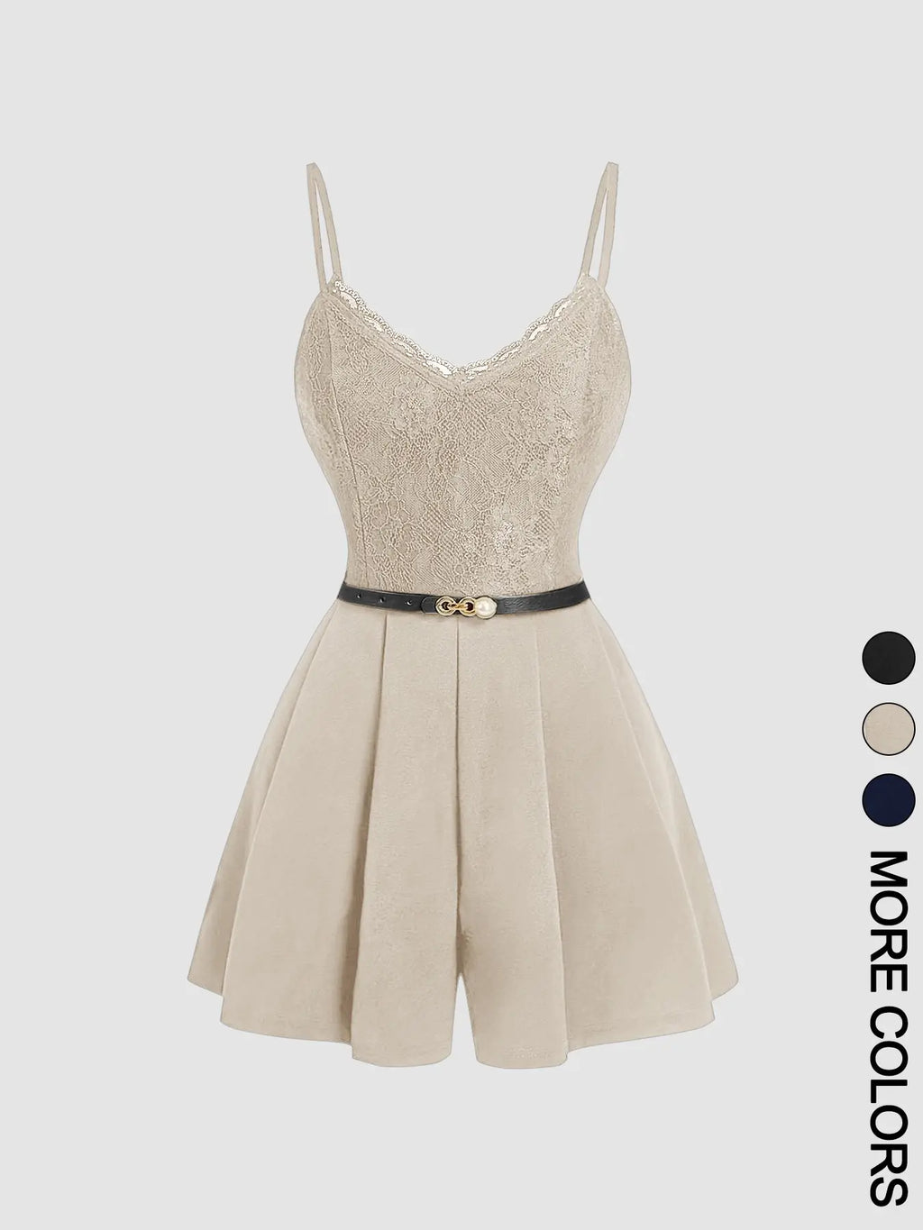 Women'S Spring Summer Elegant Lace-Spliced Cami Playsuit with Belt, V-Neck Sleeveless Fitted Jumpsuit for Casual Outings