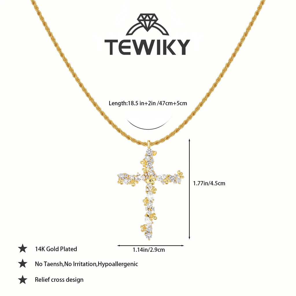 Tewiky 14K Gold Plated Beaded & Twisted Chain Pearl Cubic Zirconia Cross Necklace with Floral Carved Petal Cross Design, Fashion Jewelry for Women, Daily Casual Elegant Necklace for All Occasions Summerwins
