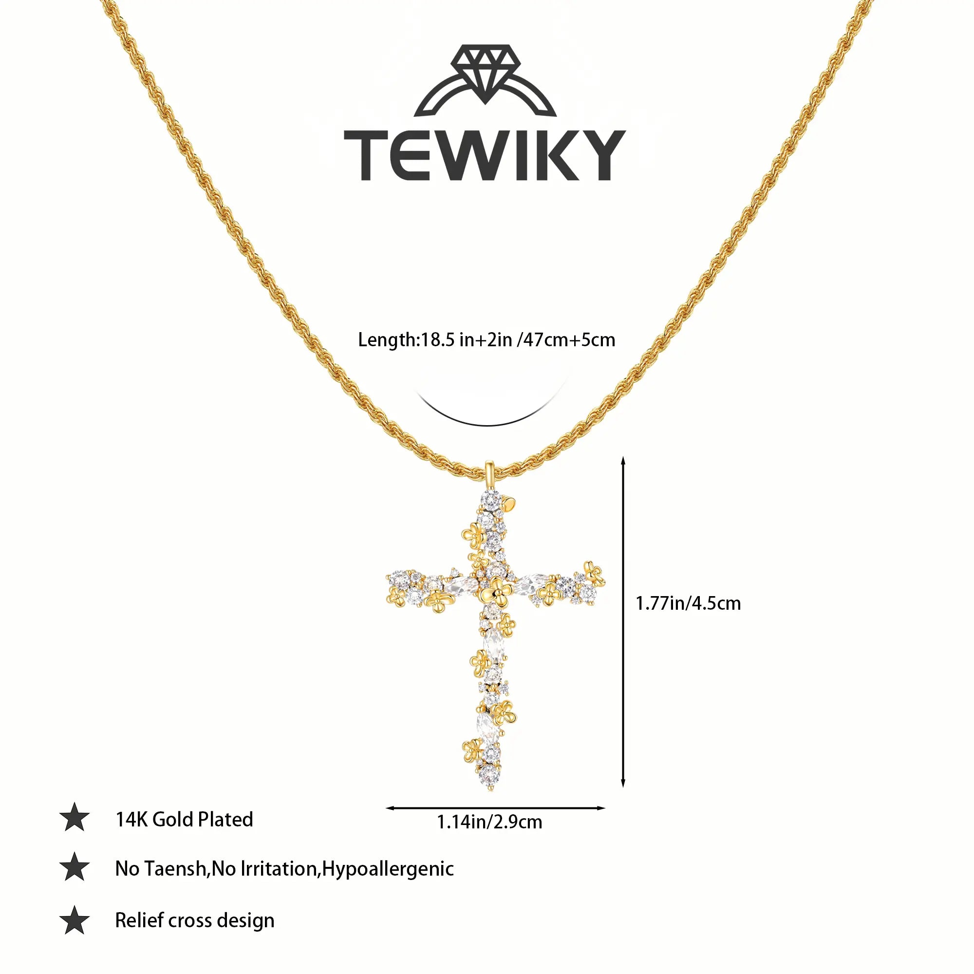 Tewiky 14K Gold Plated Beaded & Twisted Chain Pearl Cubic Zirconia Cross Necklace with Floral Carved Petal Cross Design, Fashion Jewelry for Women, Daily Casual Elegant Necklace for All Occasions Summerwins