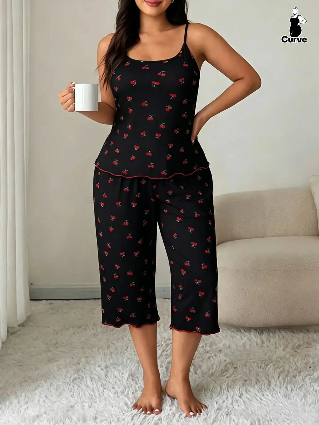 Women'S Cherry Print Sleeveless Pyjama Set Top, Effortless Loungewear Comfortable High Stretch Sleepwear Loungewear, Casual Fitted Two-Piece Pajamas for All Seasons Pjs Womenswear