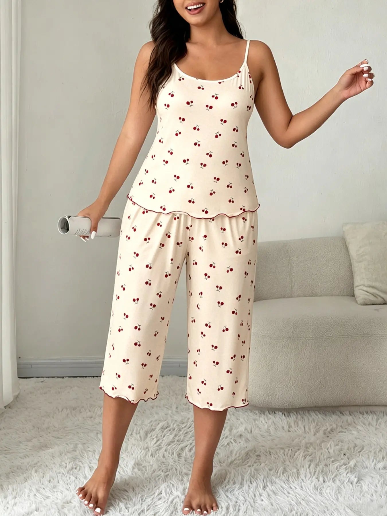 Women'S Cherry Print Sleeveless Pyjama Set Top, Effortless Loungewear Comfortable High Stretch Sleepwear Loungewear, Casual Fitted Two-Piece Pajamas for All Seasons Pjs Womenswear