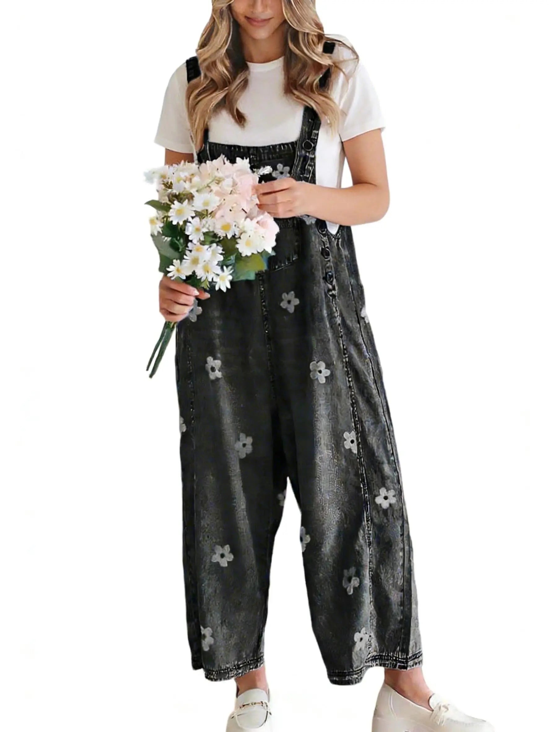 Utcoco Women'S Bib Overalls, Cute Floral Print Denim Jumpsuit with Baggy Wide Leg and Adjustable Straps, Fashion Apparel Chic Pants