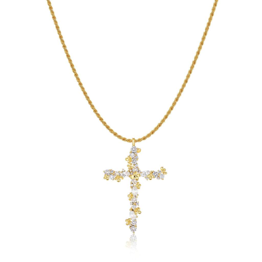Tewiky 14K Gold Plated Beaded & Twisted Chain Pearl Cubic Zirconia Cross Necklace with Floral Carved Petal Cross Design, Fashion Jewelry for Women, Daily Casual Elegant Necklace for All Occasions Summerwins