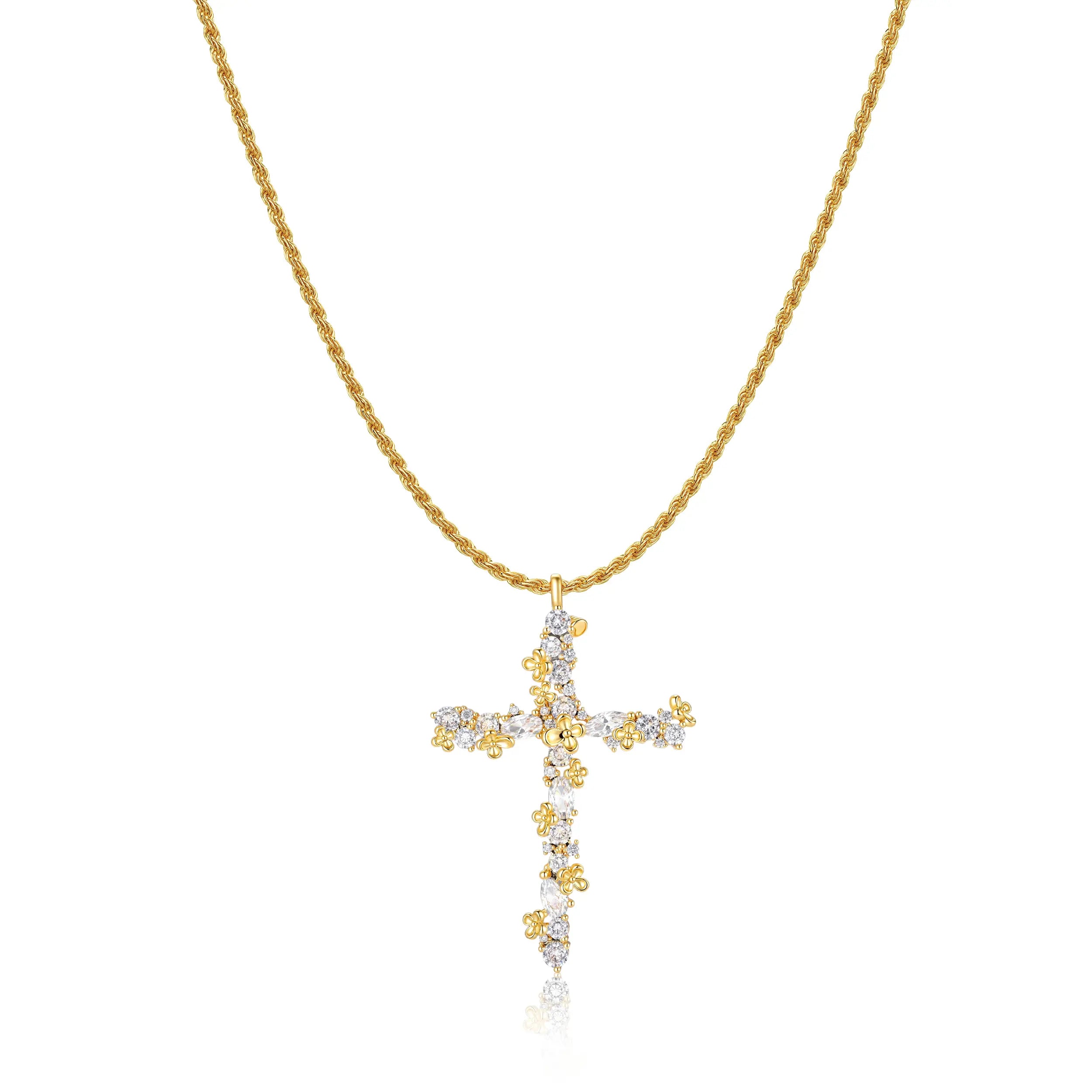 Tewiky 14K Gold Plated Beaded & Twisted Chain Pearl Cubic Zirconia Cross Necklace with Floral Carved Petal Cross Design, Fashion Jewelry for Women, Daily Casual Elegant Necklace for All Occasions Summerwins