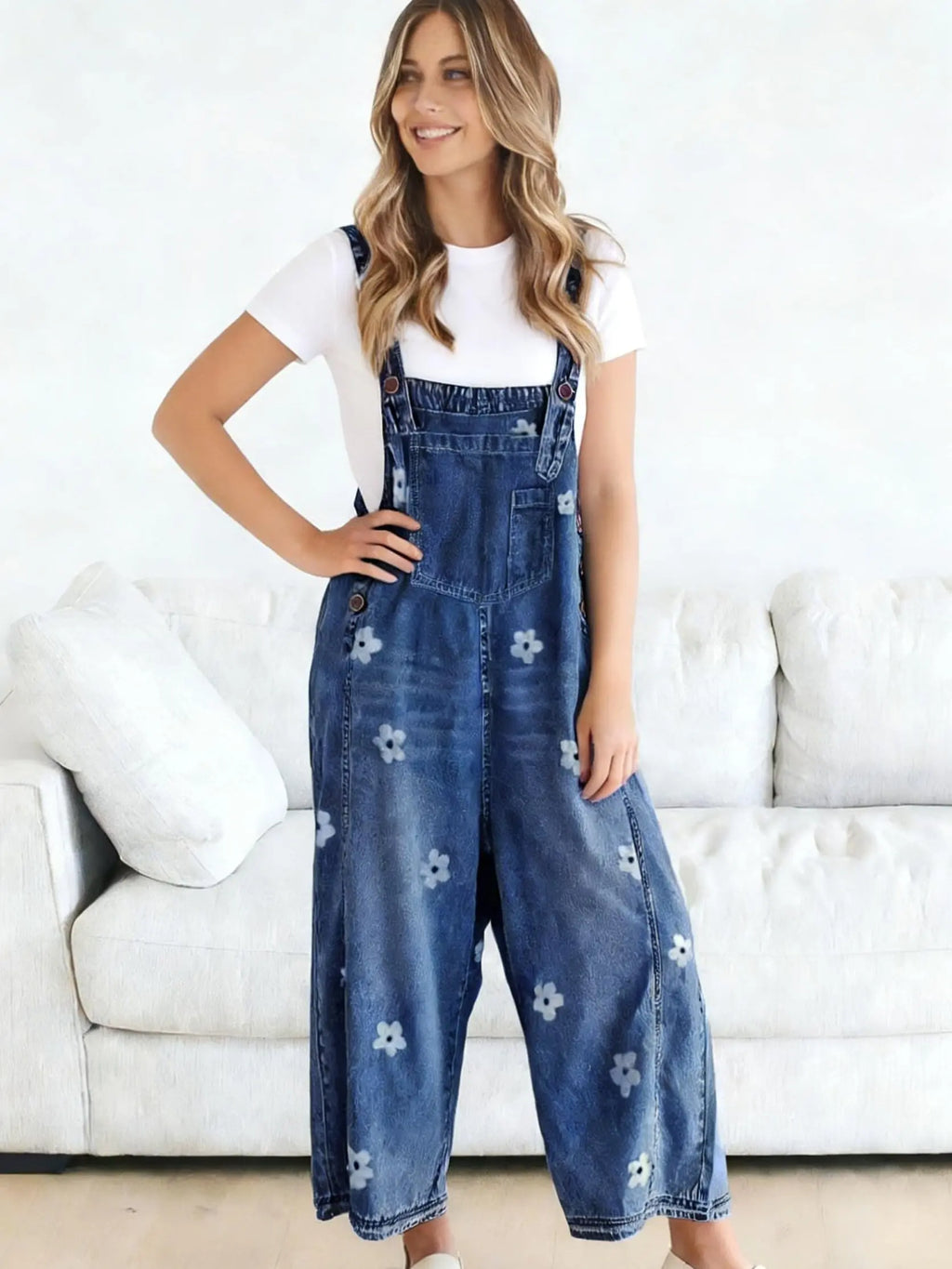 Utcoco Women'S Bib Overalls, Cute Floral Print Denim Jumpsuit with Baggy Wide Leg and Adjustable Straps, Fashion Apparel Chic Pants