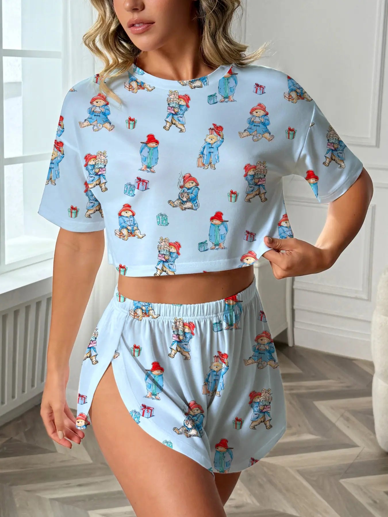 Women'S 2-Piece Sleepwear Set, Pajama Set, Pjs, Print, Bowknot Drink Pattern, Comfortable Loose Fit Top and Elastic Shorts, All-Season Casual Loungewear Homewear