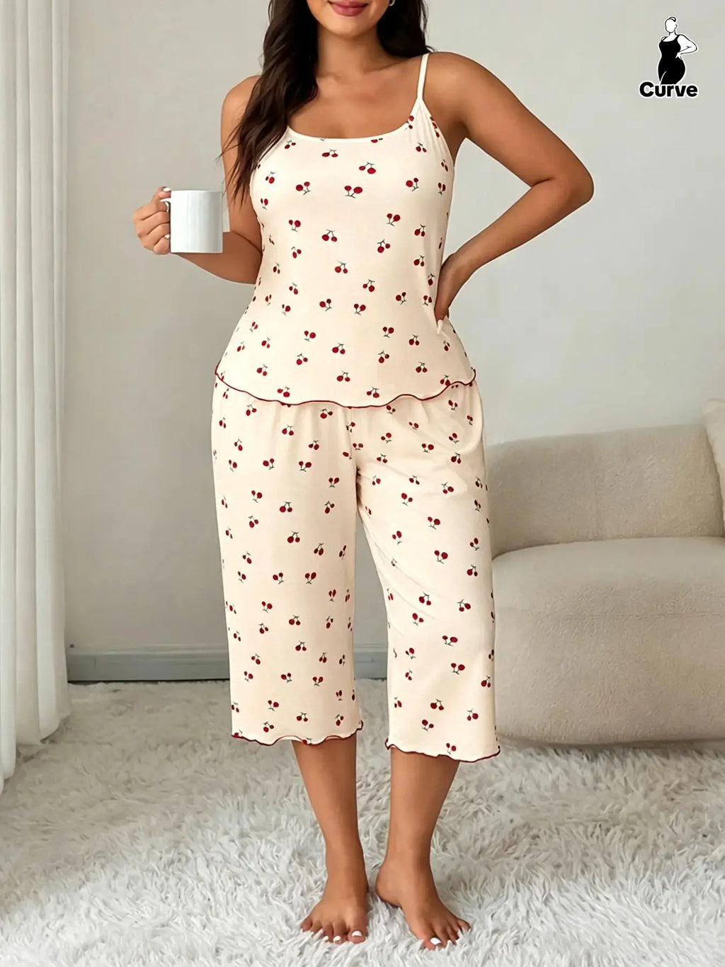 Women'S Cherry Print Sleeveless Pyjama Set Top, Effortless Loungewear Comfortable High Stretch Sleepwear Loungewear, Casual Fitted Two-Piece Pajamas for All Seasons Pjs Womenswear