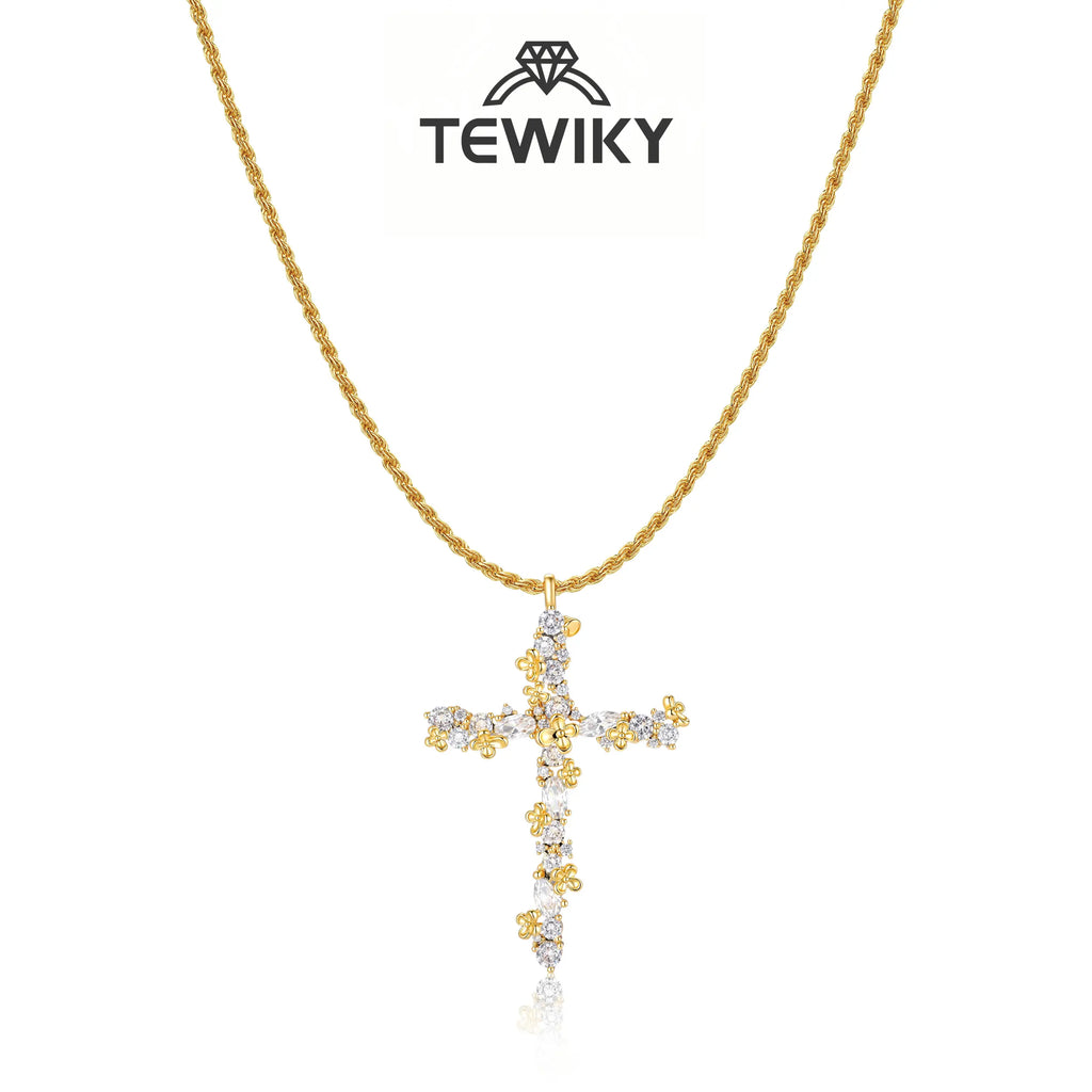 Tewiky 14K Gold Plated Beaded & Twisted Chain Pearl Cubic Zirconia Cross Necklace with Floral Carved Petal Cross Design, Fashion Jewelry for Women, Daily Casual Elegant Necklace for All Occasions Summerwins