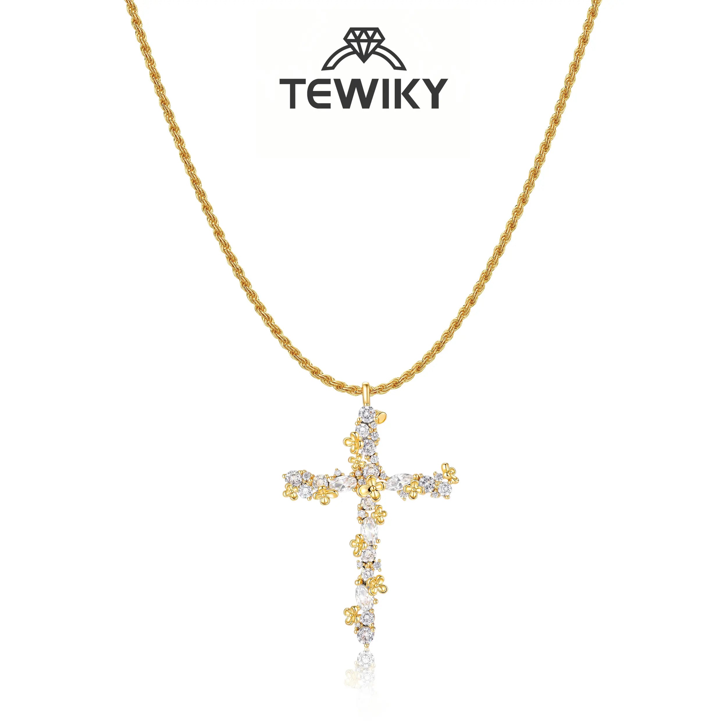 Tewiky 14K Gold Plated Beaded & Twisted Chain Pearl Cubic Zirconia Cross Necklace with Floral Carved Petal Cross Design, Fashion Jewelry for Women, Daily Casual Elegant Necklace for All Occasions Summerwins