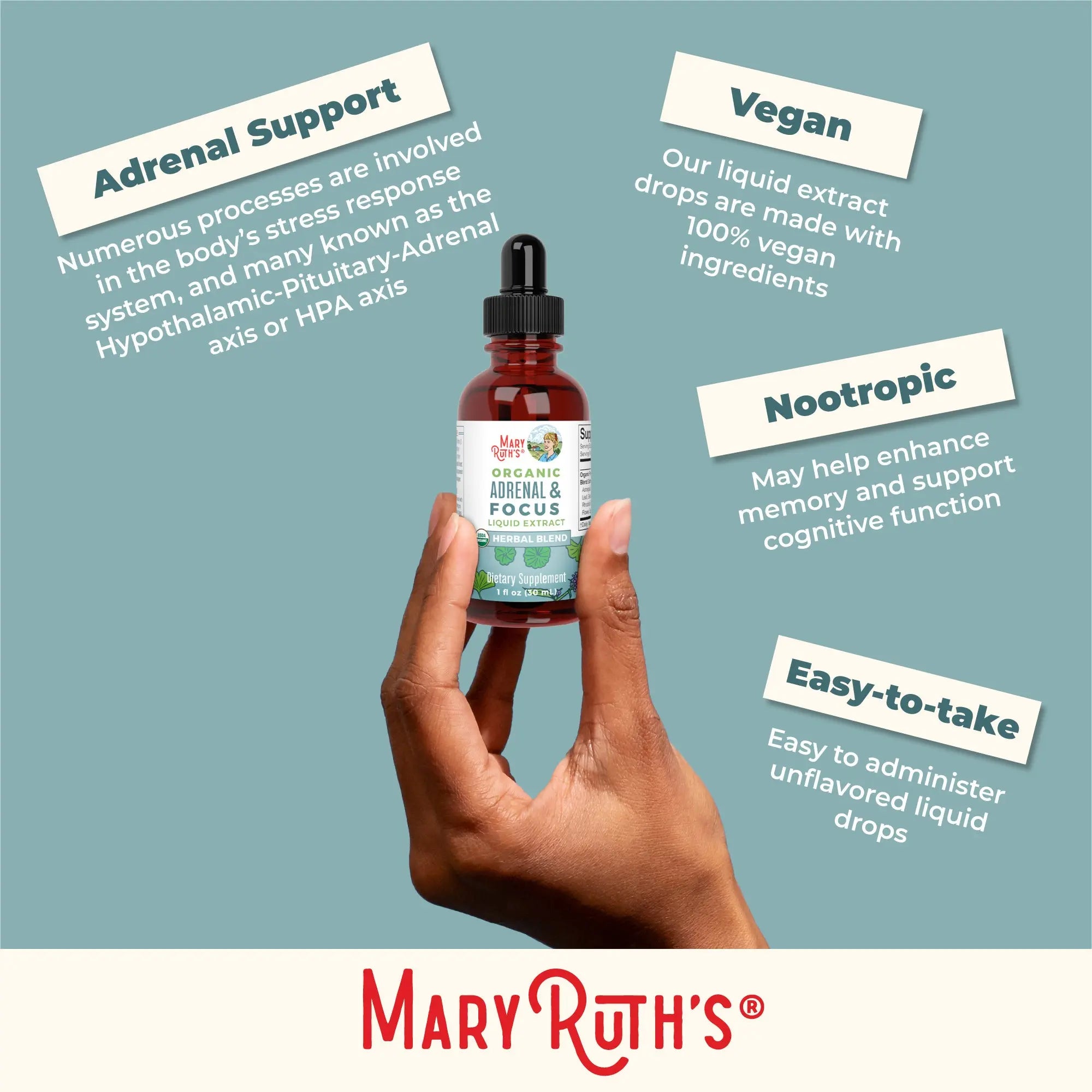 Maryruth'S Adrenal & Focus Herbal Blend for Adults - Adaptogenic - with Ginkgo Biloba & Astragalus - USDA Organic - Vegan - Non-Gmo - 30 Servings