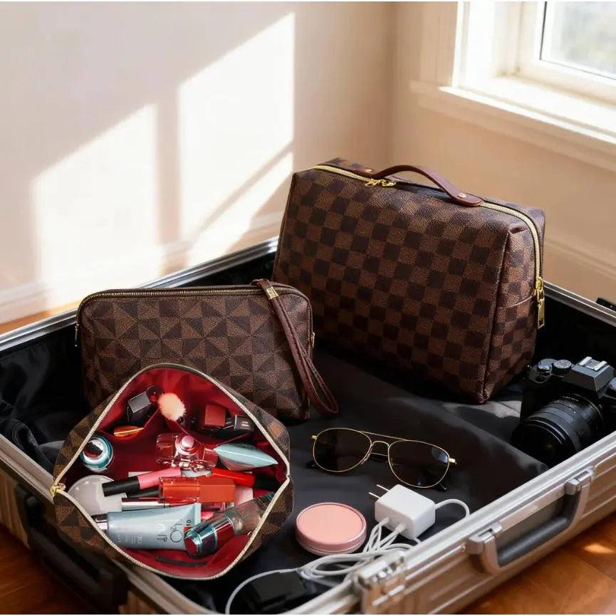 Women’S 2-Piece Classic Checkered Pattern Leather Makeup Bag Set - Portable Makeup Pouch (Small Pouch Style May Vary), Lipstick Organizer, Bathroom Countertop Storage, Ideal Gift Choice for Travel Toiletry & Home Use