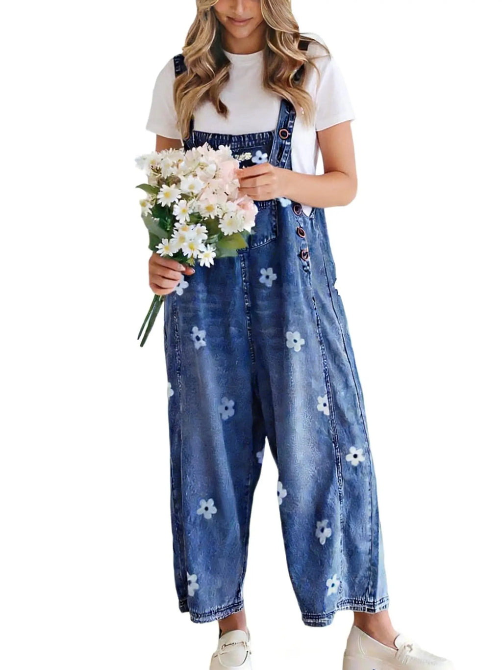 Utcoco Women'S Bib Overalls, Cute Floral Print Denim Jumpsuit with Baggy Wide Leg and Adjustable Straps, Fashion Apparel Chic Pants
