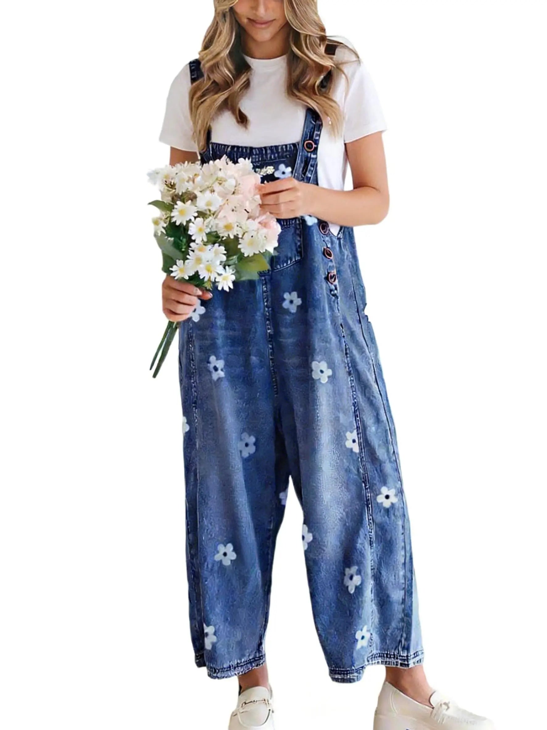 Utcoco Women'S Bib Overalls, Cute Floral Print Denim Jumpsuit with Baggy Wide Leg and Adjustable Straps, Fashion Apparel Chic Pants