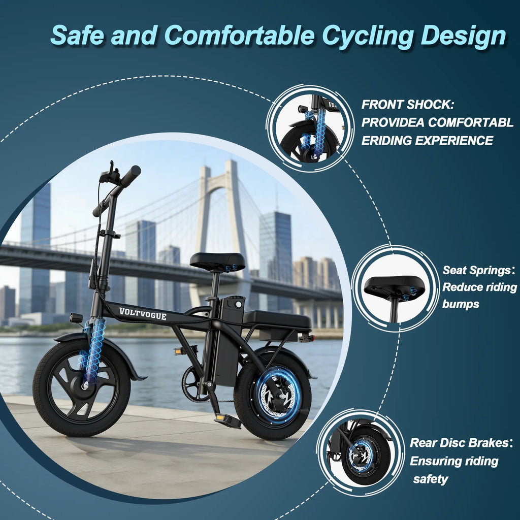 【VOLTVOGUE】 Electric Bike | 750W Peak Power | Top Speed 22 MPH | 14" Pneumatic Tires | 22–40 Mile Range | Dual Seat | Single Brake Lever | Height Adjustable Seat【Vt14】