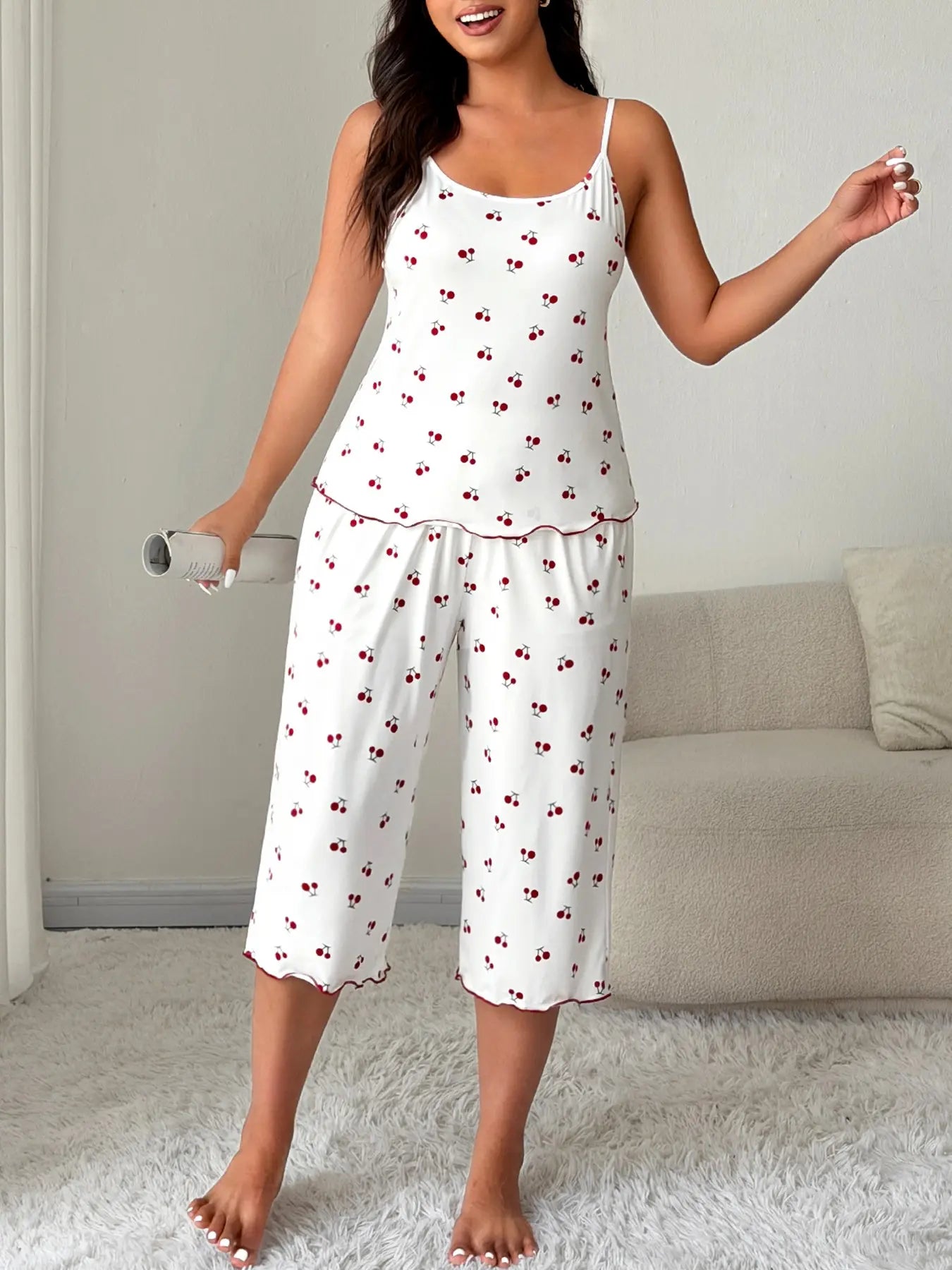 Women'S Cherry Print Sleeveless Pyjama Set Top, Effortless Loungewear Comfortable High Stretch Sleepwear Loungewear, Casual Fitted Two-Piece Pajamas for All Seasons Pjs Womenswear
