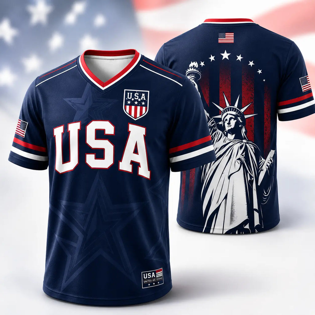USA Soccer Jersey Men Women Navy Patriotic American Flag Football Shirt Statue of Liberty Graphic V Neck Sports Tee Red White Blue Stars Stripes Short Sleeve Athletic Top 4Th of July Independence Day Fan Apparelusa Soccer Jersey Men Women Navy Patriotic A