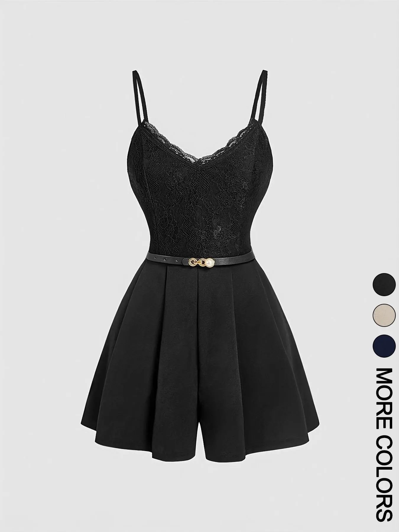 Women'S Spring Summer Elegant Lace-Spliced Cami Playsuit with Belt, V-Neck Sleeveless Fitted Jumpsuit for Casual Outings