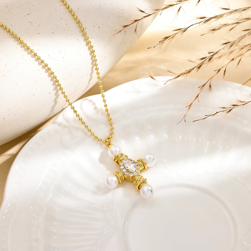 Tewiky 14K Gold Plated Beaded & Twisted Chain Pearl Cubic Zirconia Cross Necklace with Floral Carved Petal Cross Design, Fashion Jewelry for Women, Daily Casual Elegant Necklace for All Occasions Summerwins