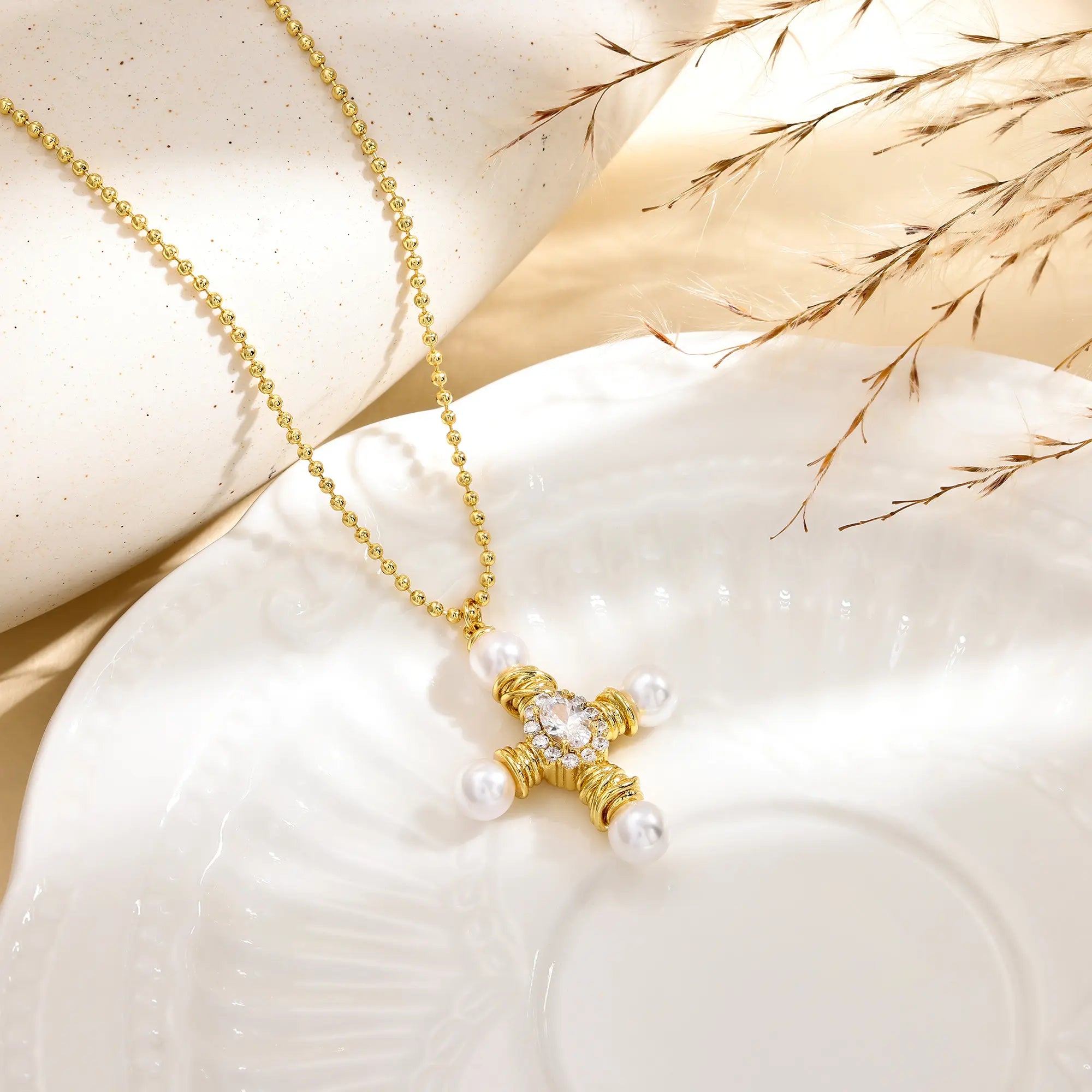 Tewiky 14K Gold Plated Beaded & Twisted Chain Pearl Cubic Zirconia Cross Necklace with Floral Carved Petal Cross Design, Fashion Jewelry for Women, Daily Casual Elegant Necklace for All Occasions Summerwins