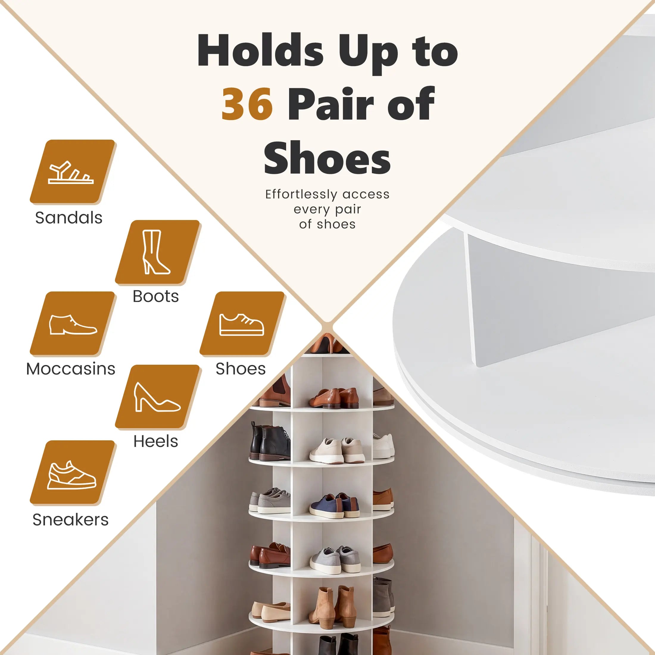 Sweetcrispy S - Rotating Shoe Rack Tower, Spinning Shoe Display Lazy Susan, Revolving 360 Shoe Rack Storage round Carousel, Vertical Handbag Rotate Shoes Closet Organization