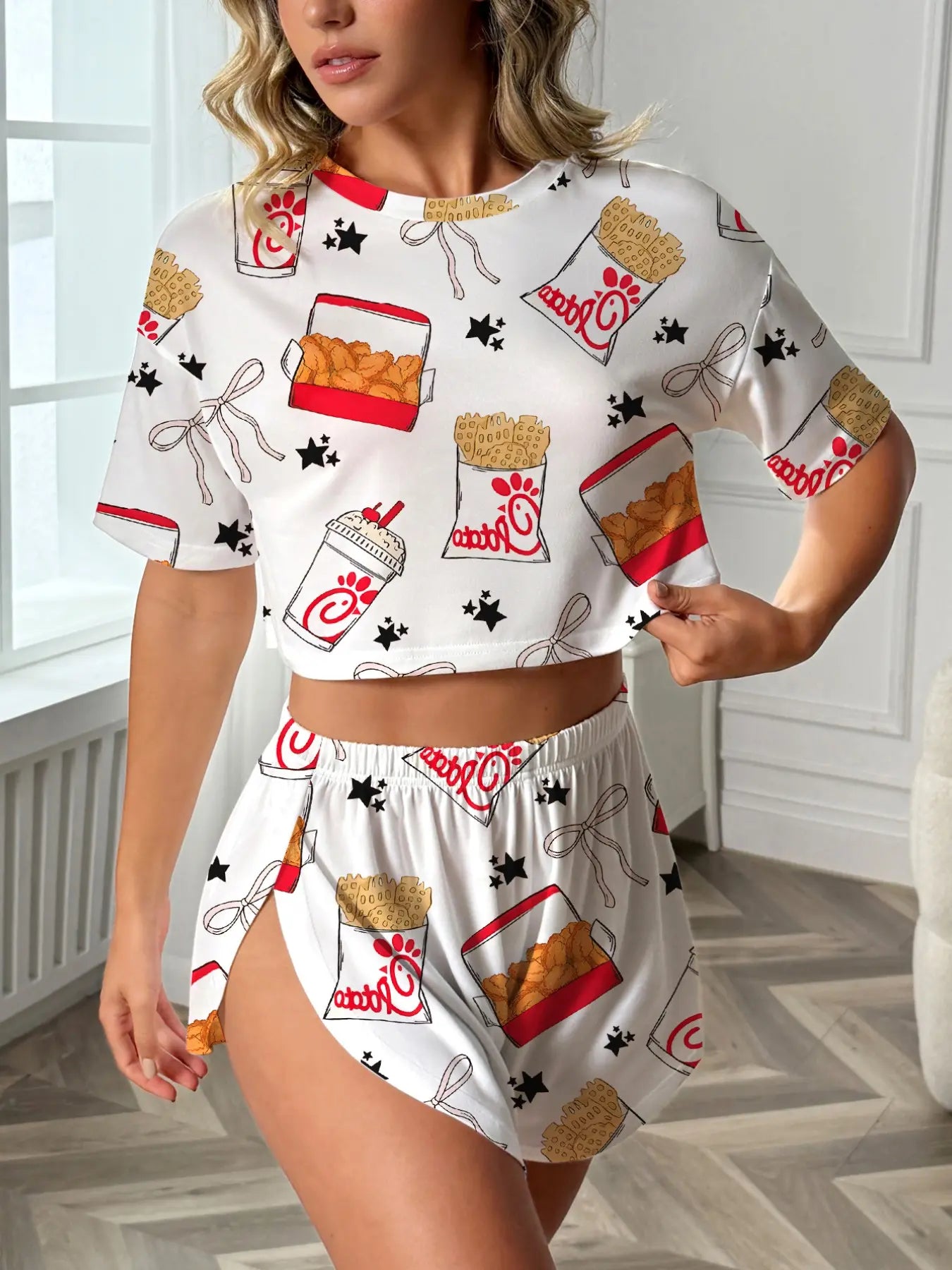 Women'S 2-Piece Sleepwear Set, Pajama Set, Pjs, Print, Bowknot Drink Pattern, Comfortable Loose Fit Top and Elastic Shorts, All-Season Casual Loungewear Homewear