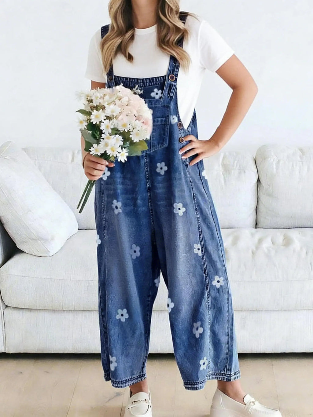 Utcoco Women'S Bib Overalls, Cute Floral Print Denim Jumpsuit with Baggy Wide Leg and Adjustable Straps, Fashion Apparel Chic Pants