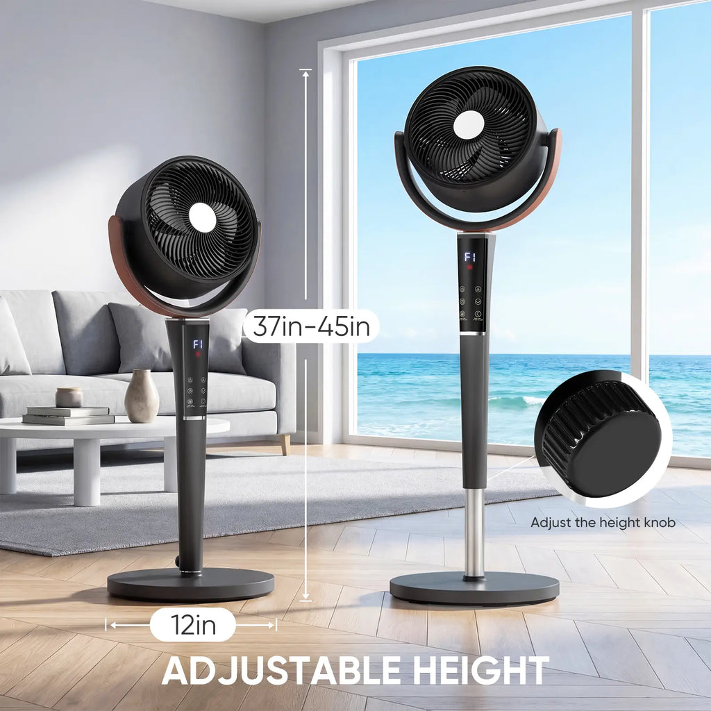 Bedroom Pedestal Fan, Quiet 20Db DC Air Circulator, 15 Speeds 5 Modes, 120° Oscillation, 12H Timer, 1050CFM Airflow, 37-45" Adjustable Height, LED Light, Standing Fan with Remote
