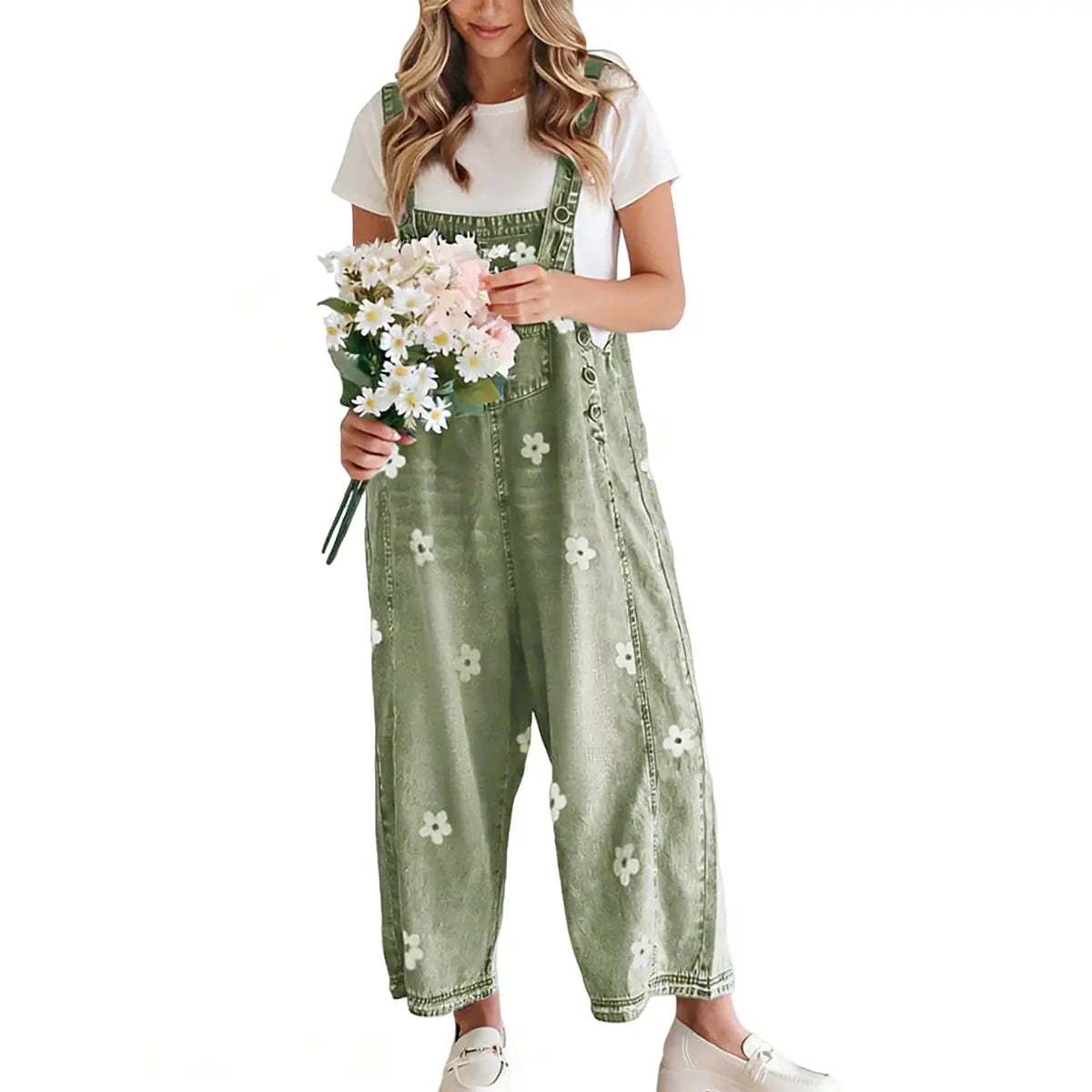 Utcoco Women'S Bib Overalls, Cute Floral Print Denim Jumpsuit with Baggy Wide Leg and Adjustable Straps, Fashion Apparel Chic Pants