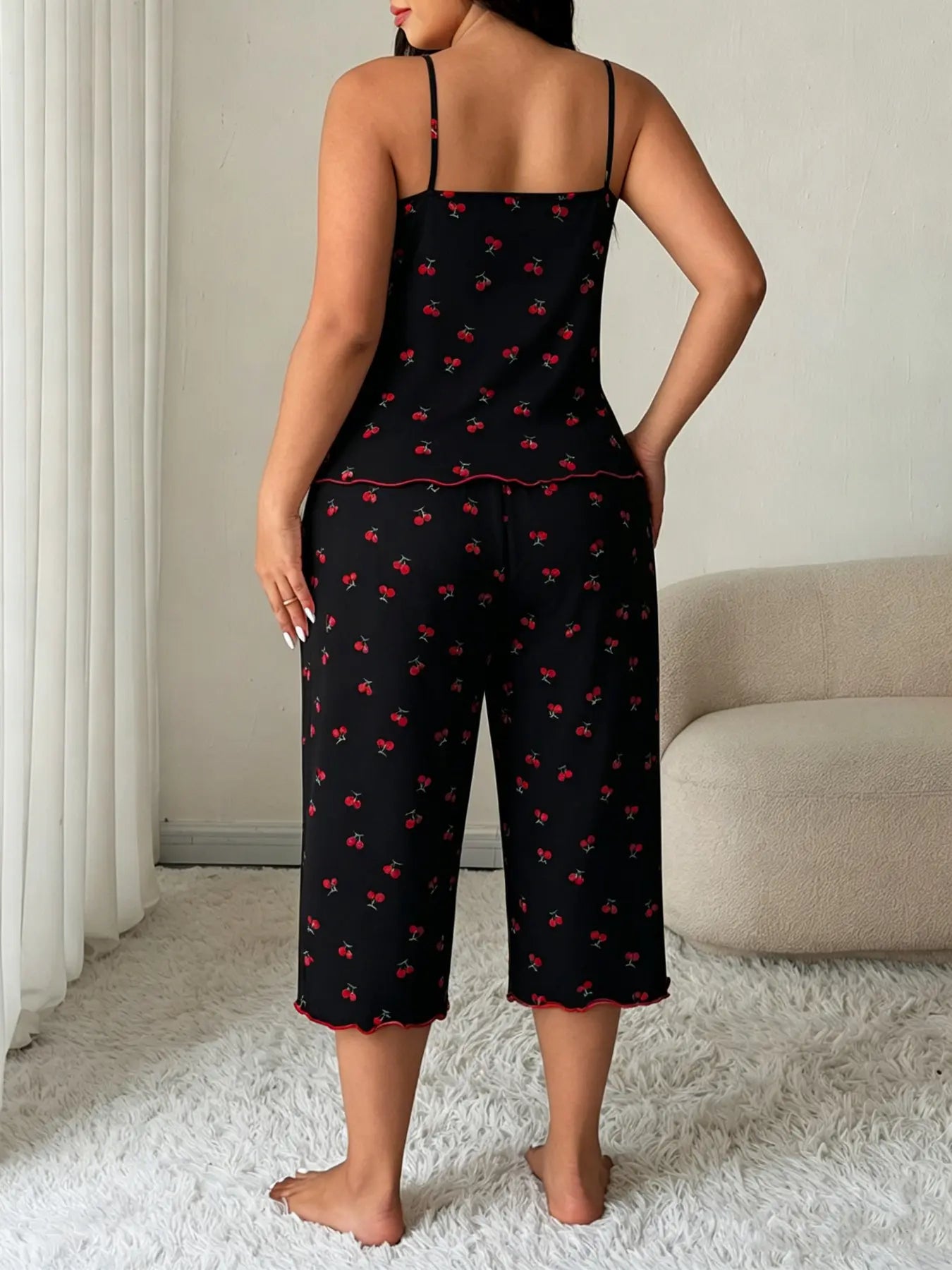 Women'S Cherry Print Sleeveless Pyjama Set Top, Effortless Loungewear Comfortable High Stretch Sleepwear Loungewear, Casual Fitted Two-Piece Pajamas for All Seasons Pjs Womenswear